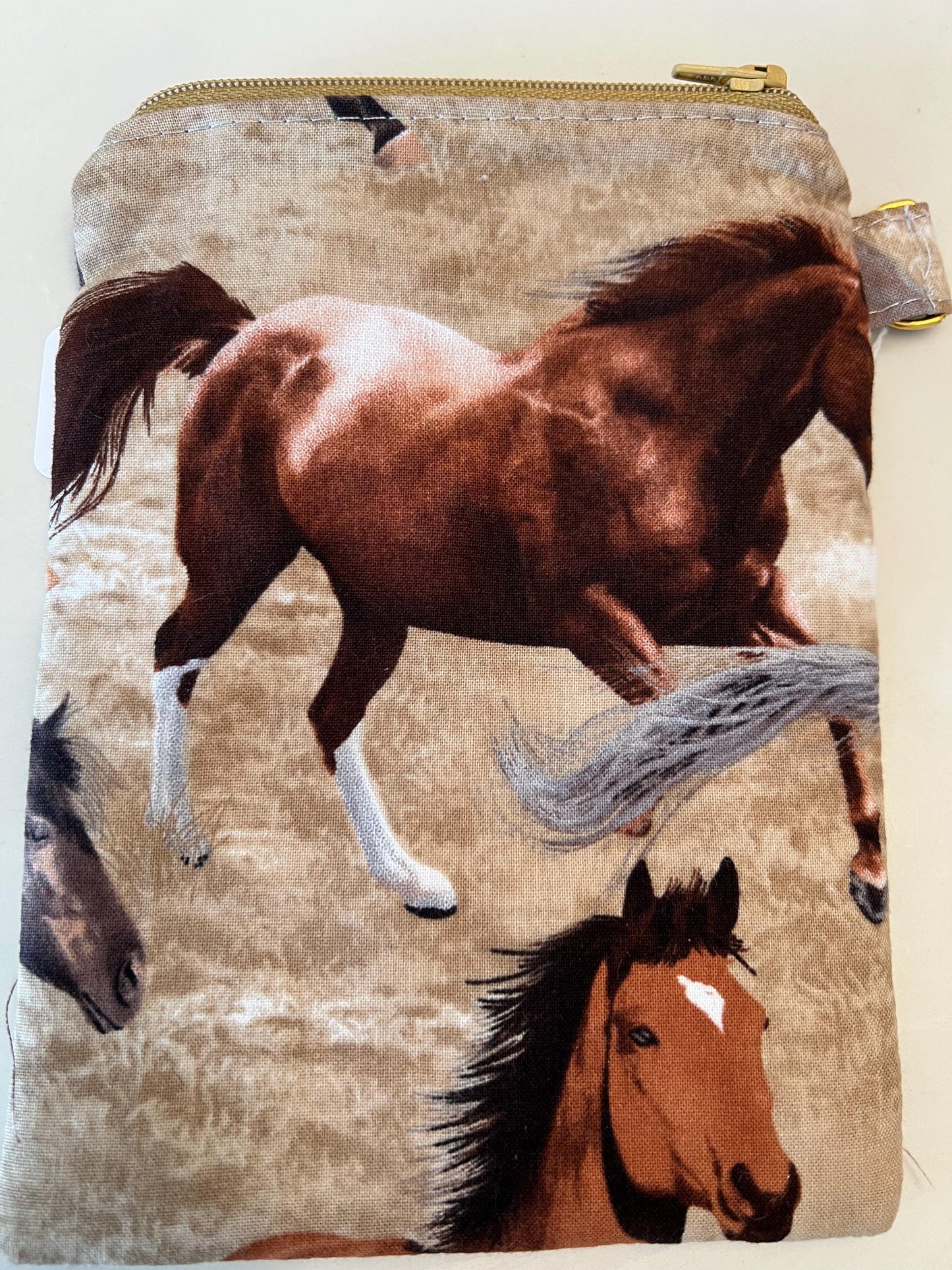 Horse Print Zipper Pouch – 6x8” Clip-On Bag with Snap Pocket | Handmade Gift