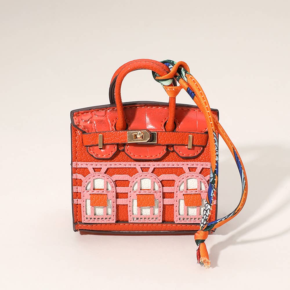 House Print Mini Purse Bag Charm β Faux Leather Keychain with Scarf Accent | Red & Green Only β Sensibling Corp.