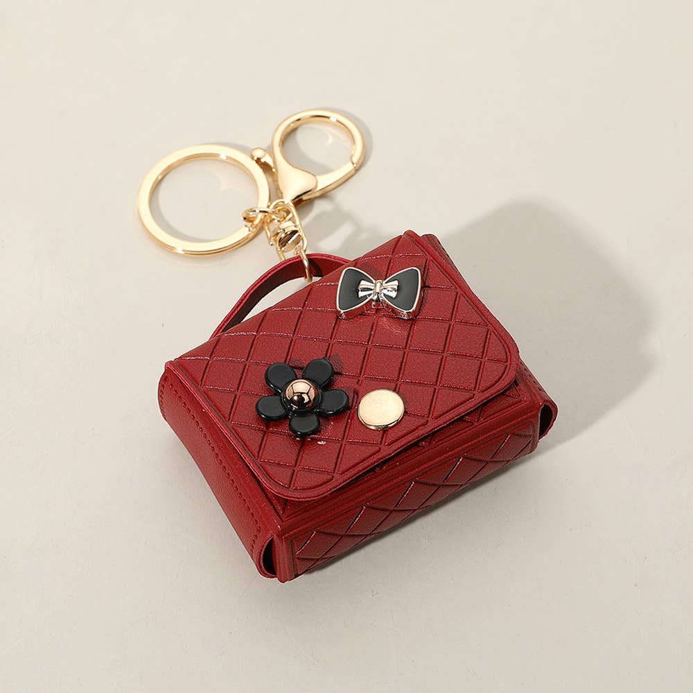 Flower Bow Charm – Faux Leather Mini Purse Keychain Bag Charm (Black, Red, White)
