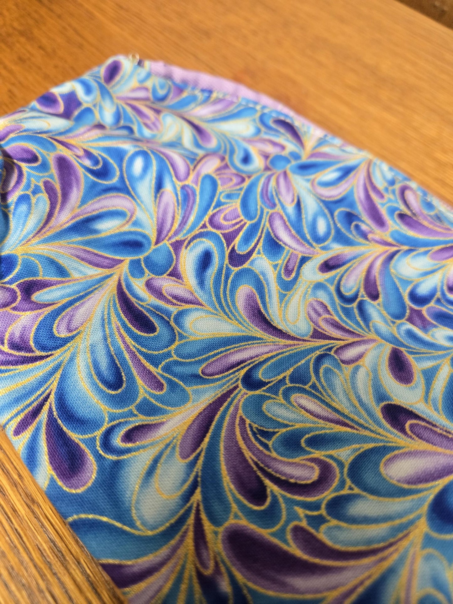 Purple Swirl Cotton Zipper Pouch – 9x5” Makeup Bag with Gold Detail & Lavender Lining | Handmade
