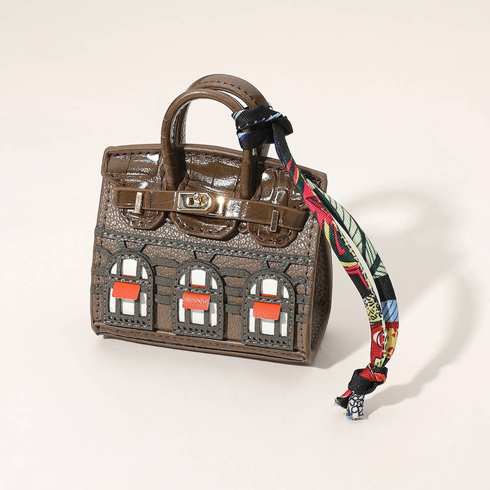 House Print Mini Purse Bag Charm β Faux Leather Keychain with Scarf Accent | Red & Green Only β Sensibling Corp.