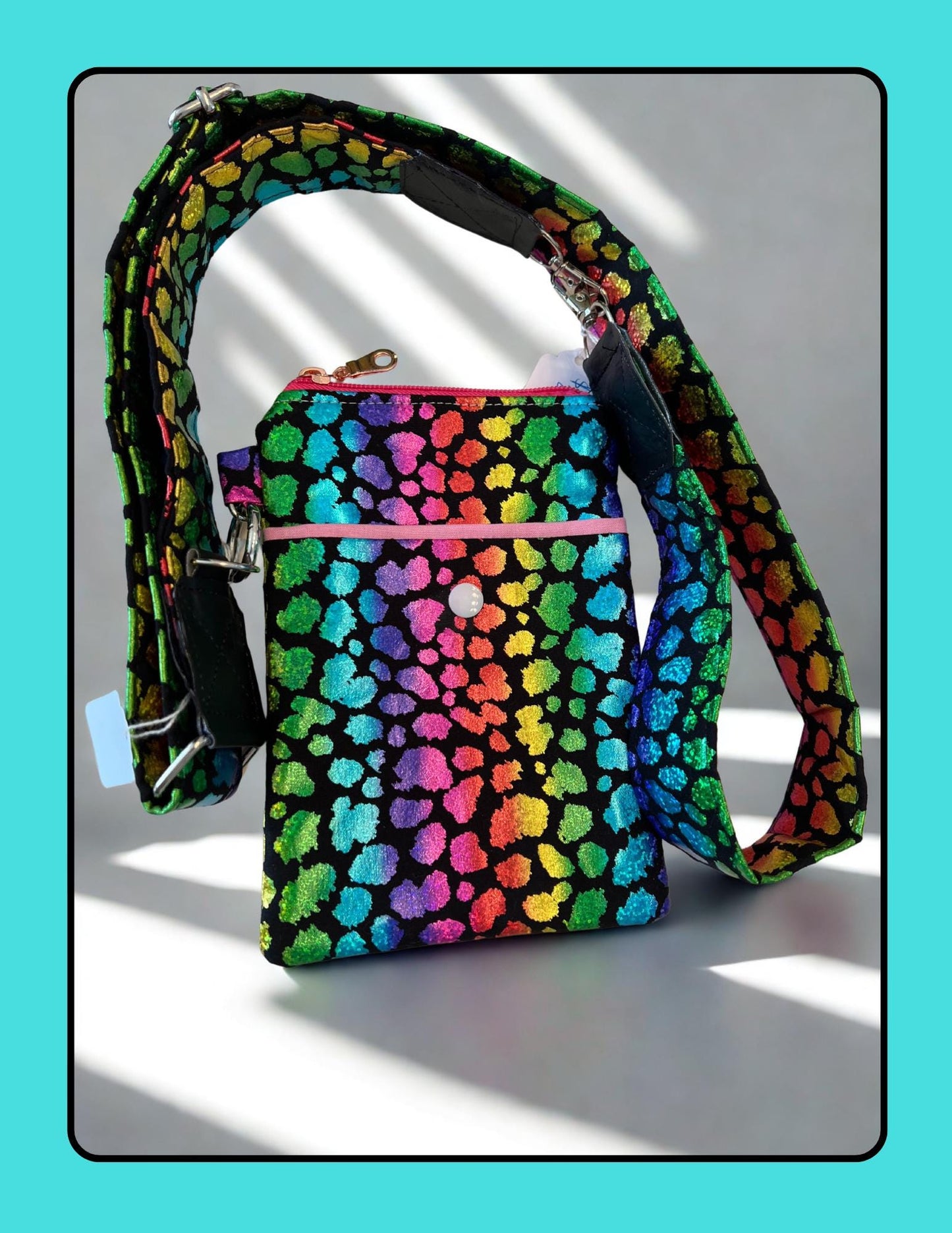 Rainbow Leopard Crossbody – 5x7” Glitter Mini Bag with Pocket & Strap | Handmade