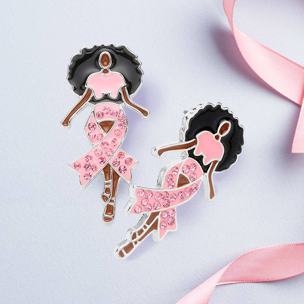 Sensibling Corp. – Pink Ribbon Afro Woman Stone-Paved Enamel Earrings (RH-PK)