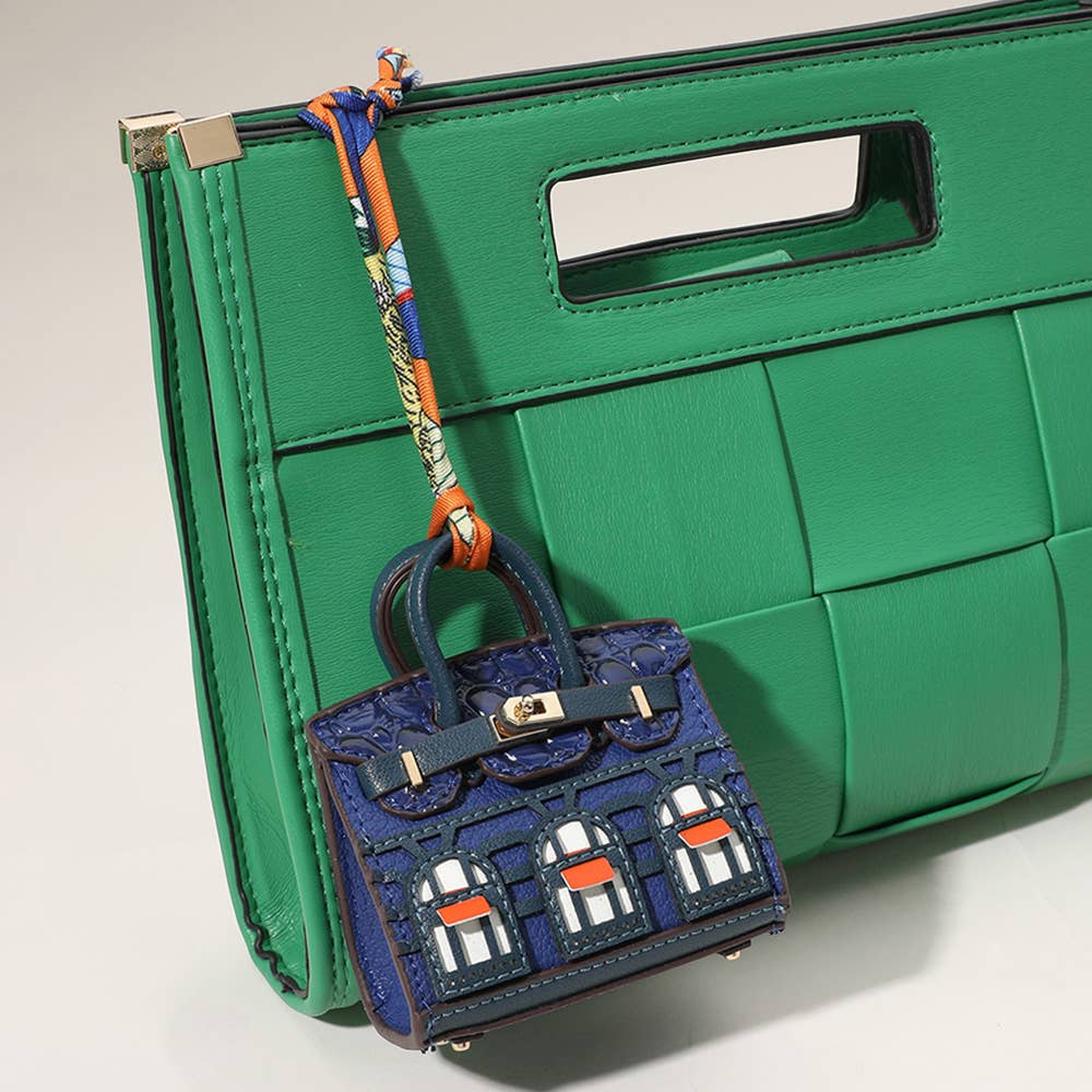 House Print Mini Purse Bag Charm β Faux Leather Keychain with Scarf Accent | Red & Green Only β Sensibling Corp.