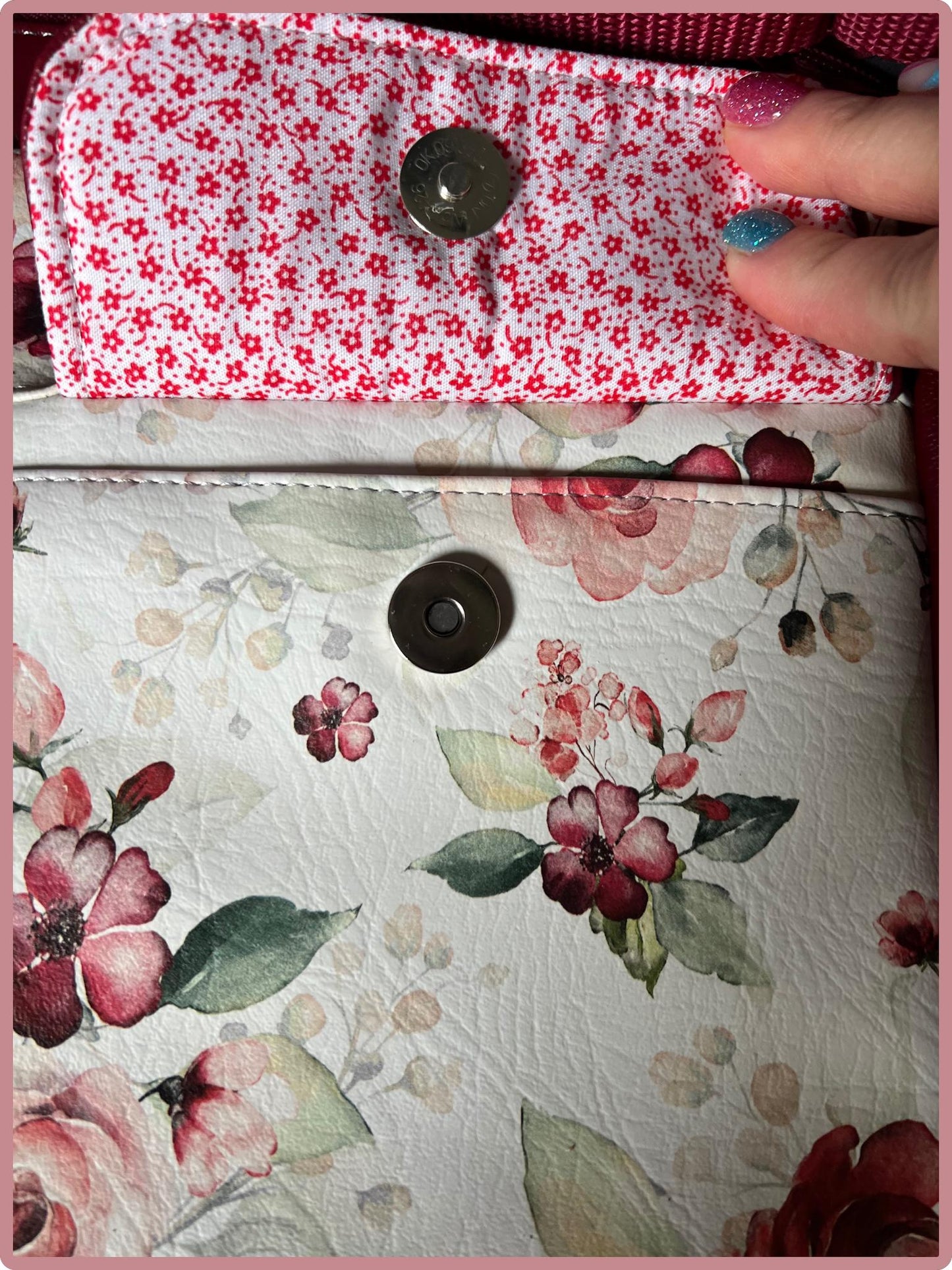 Red Floral Crossbody Bag – 11"x13" Faux Leather, Handmade, Adjustable Strap