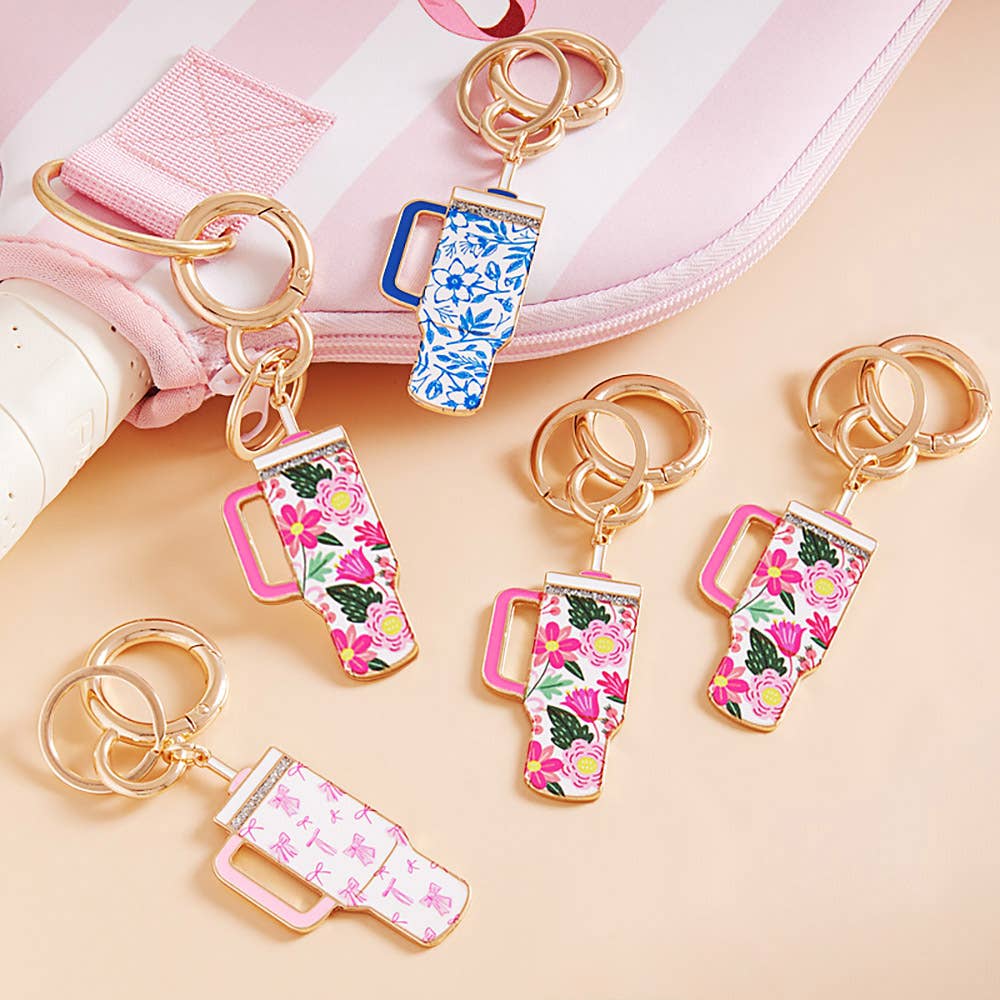 Enamel Floral Tumbler Keychain – Cute Charm with Everyday Style