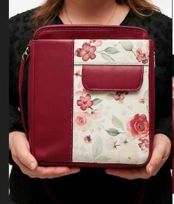 Red Floral Crossbody Bag – 11"x13" Faux Leather, Handmade, Adjustable Strap
