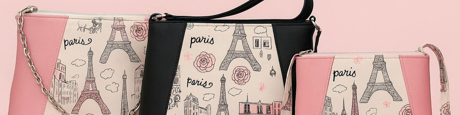 Set of three handmade Paris-themed purses with Eiffel Tower print, including two pink faux leather crossbody bags and one black shoulder bag — perfect for matching mommy and me or sister sets.