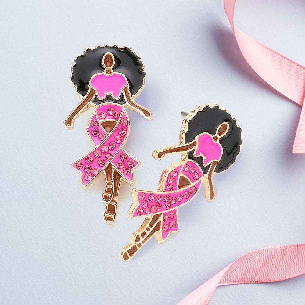 Sensibling Corp. – Pink Ribbon Afro Woman Stone-Paved Enamel Earrings (RH-PK)