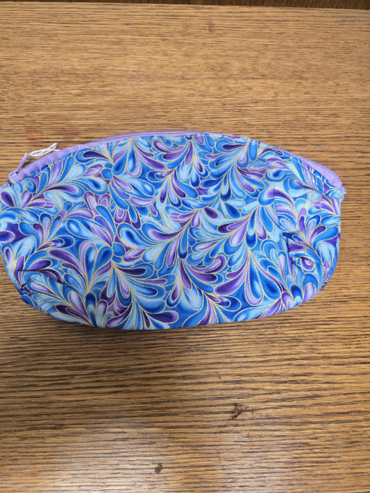 Purple Swirl Cotton Zipper Pouch – 9x5” Makeup Bag with Gold Detail & Lavender Lining | Handmade