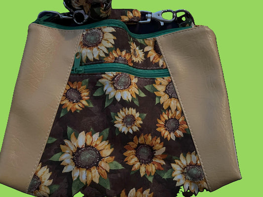 Sunflower Crossbody Bag – 9x10” Brown with Green Zippers & Polka Dot Lining | Handmade