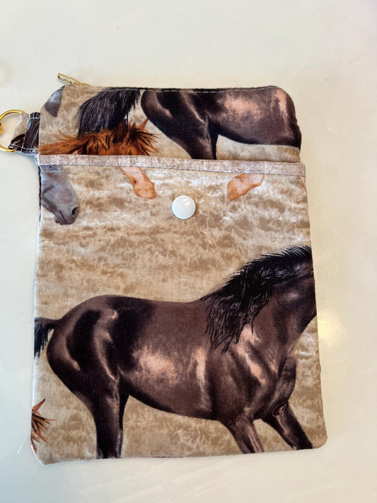 Horse Print Zipper Pouch – 6x8” Clip-On Bag with Snap Pocket | Handmade Gift