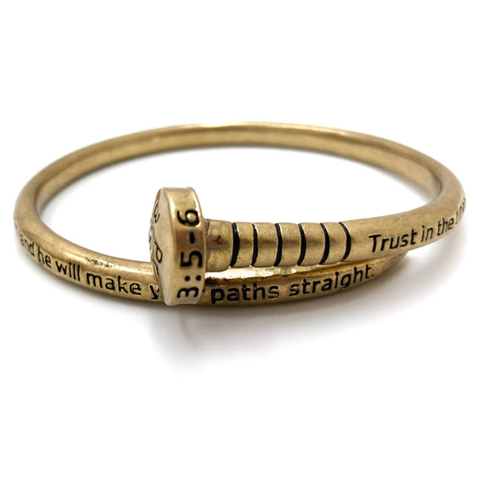Engraved Nail Wrap Bangle Bracelet – Proverbs 3:5-6 Scripture Cuff in Gold
