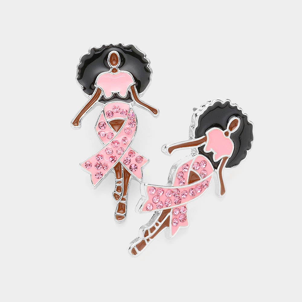 Sensibling Corp. – Pink Ribbon Afro Woman Stone-Paved Enamel Earrings (RH-PK)