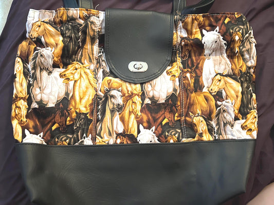 Horse Print Tote Bag – 12x16” Black Faux-Leather Shoulder Purse | Turn-Lock Closure