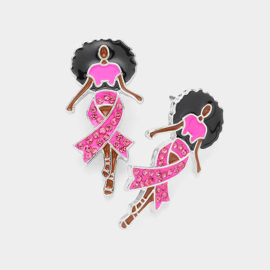 Sensibling Corp. – Pink Ribbon Afro Woman Stone-Paved Enamel Earrings (RH-PK)