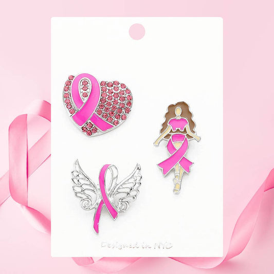 3PCS Pink Ribbon Afro Girl Brooch Set – Heart & Angel Wings Pins for Awareness | Sensibling Corp.