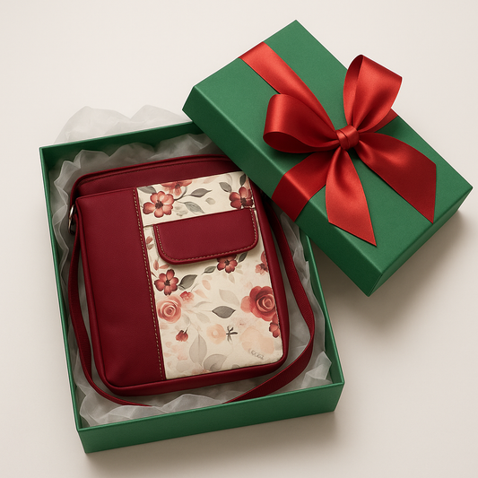 Red Floral Crossbody Bag – 11"x13" Faux Leather, Handmade, Adjustable Strap