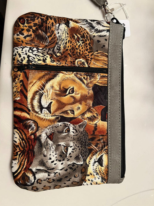 Big Cat Wristlet Pouch – 9x7” Zipper Bag with Faux Leather Back | Handmade Jungle Print
