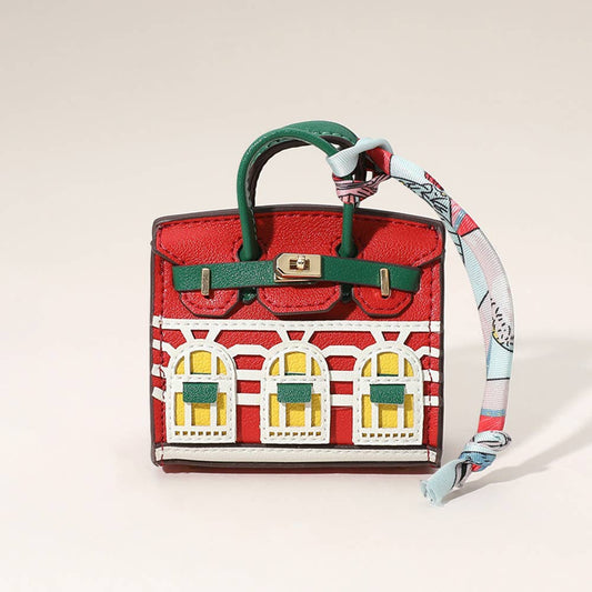 House Print Mini Purse Bag Charm – Faux Leather Keychain with Scarf Accent | Red & Green Only – Sensibling Corp.