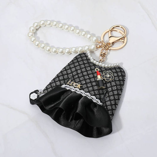 Pearl Luck Tweed Jacket Keychain – Black Mini Purse Bag Charm with Gold Chain | Sensibling Corp.