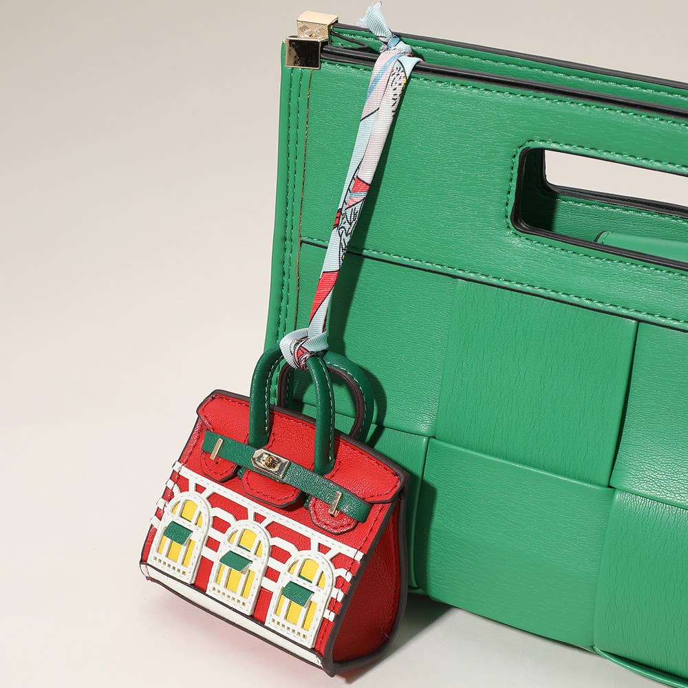 House Print Mini Purse Bag Charm – Faux Leather Keychain with Scarf Accent | Red & Green Only – Sensibling Corp.