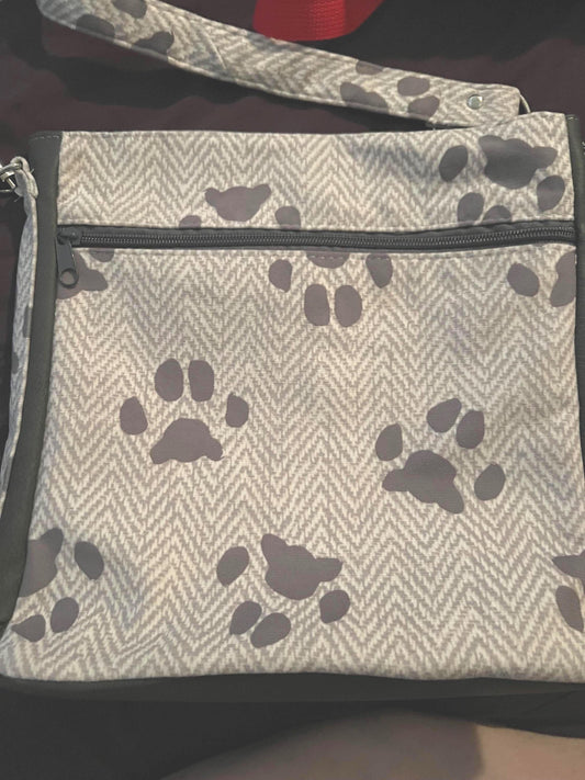 Paw Print Crossbody Bag – 10x11” Gray Faux Suede Dog Lover Purse | Handmade