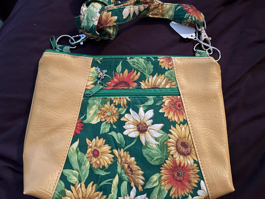 Sunflower Crossbody Bag – 9x10” Green & Faux Leather Purse | Adjustable Strap, Handmade