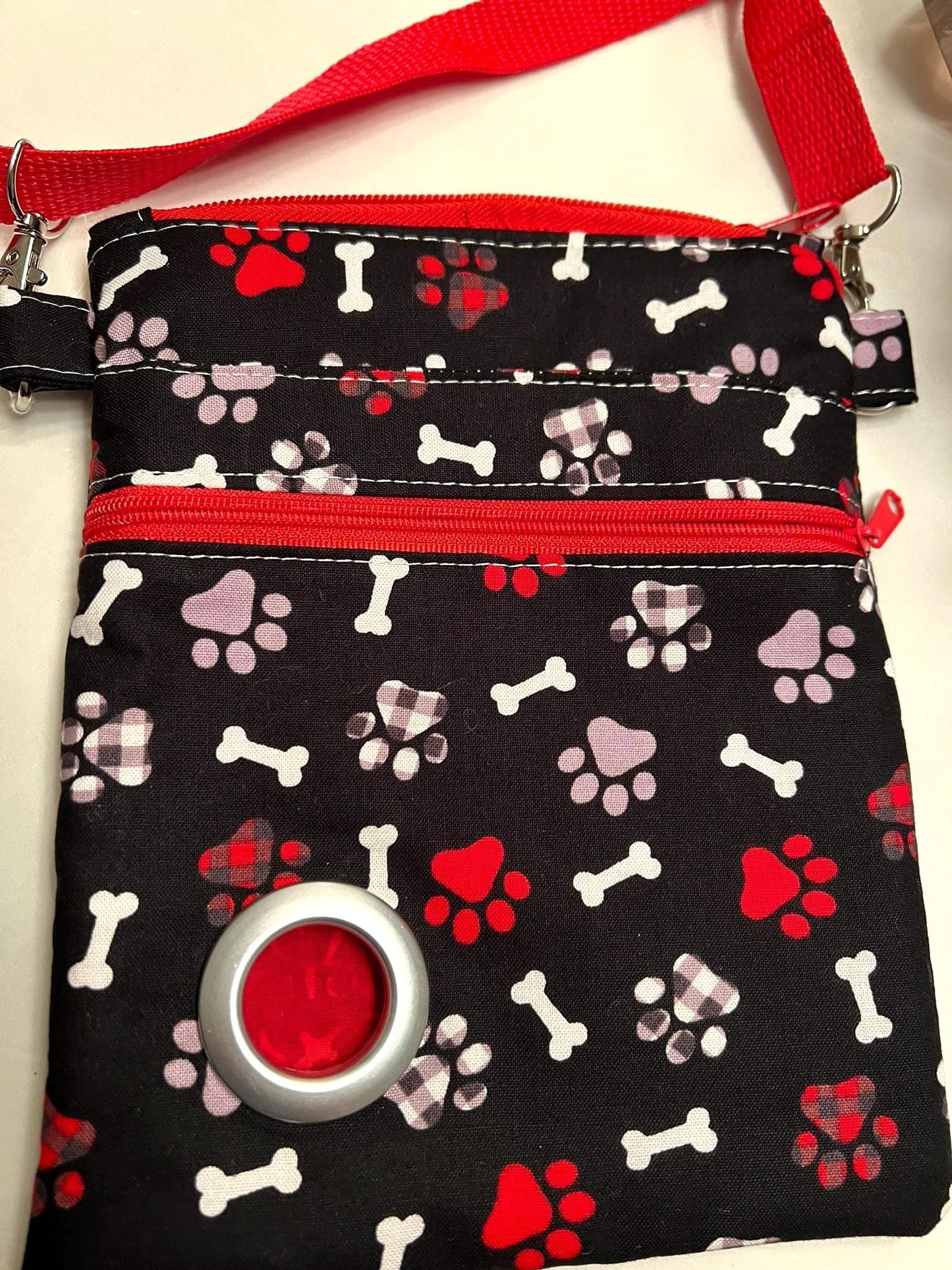 DogHandmade Dog Walker Crossbody Bag – 4 Pockets, Treat Holder, Poop Bag Dispenser | Red Plaid Cotton
