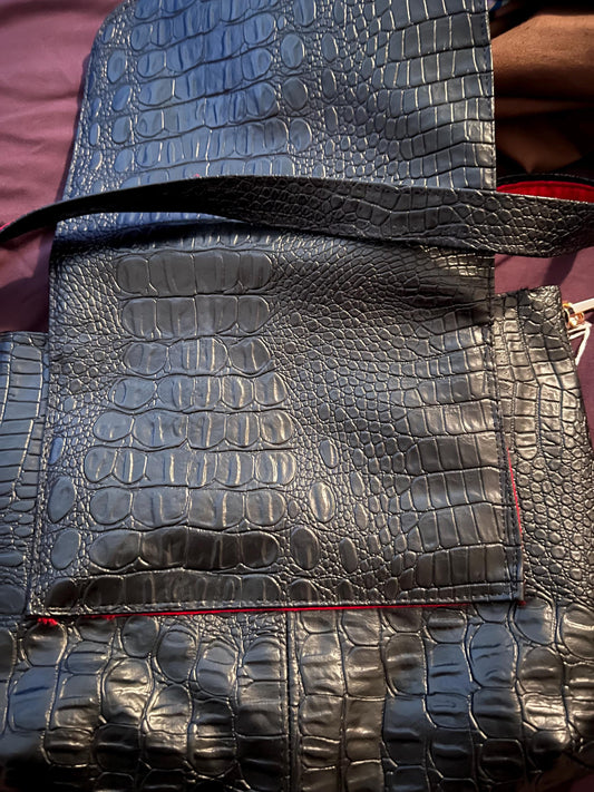 Black Croc Textured Faux Leather Crossbody Bag – Red Lining, Gold Turn Lock, 10x12" | Handmade