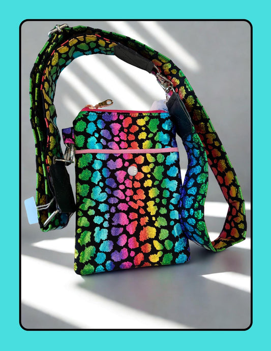 Rainbow Leopard Crossbody – 5x7” Glitter Mini Bag with Pocket & Strap | Handmade